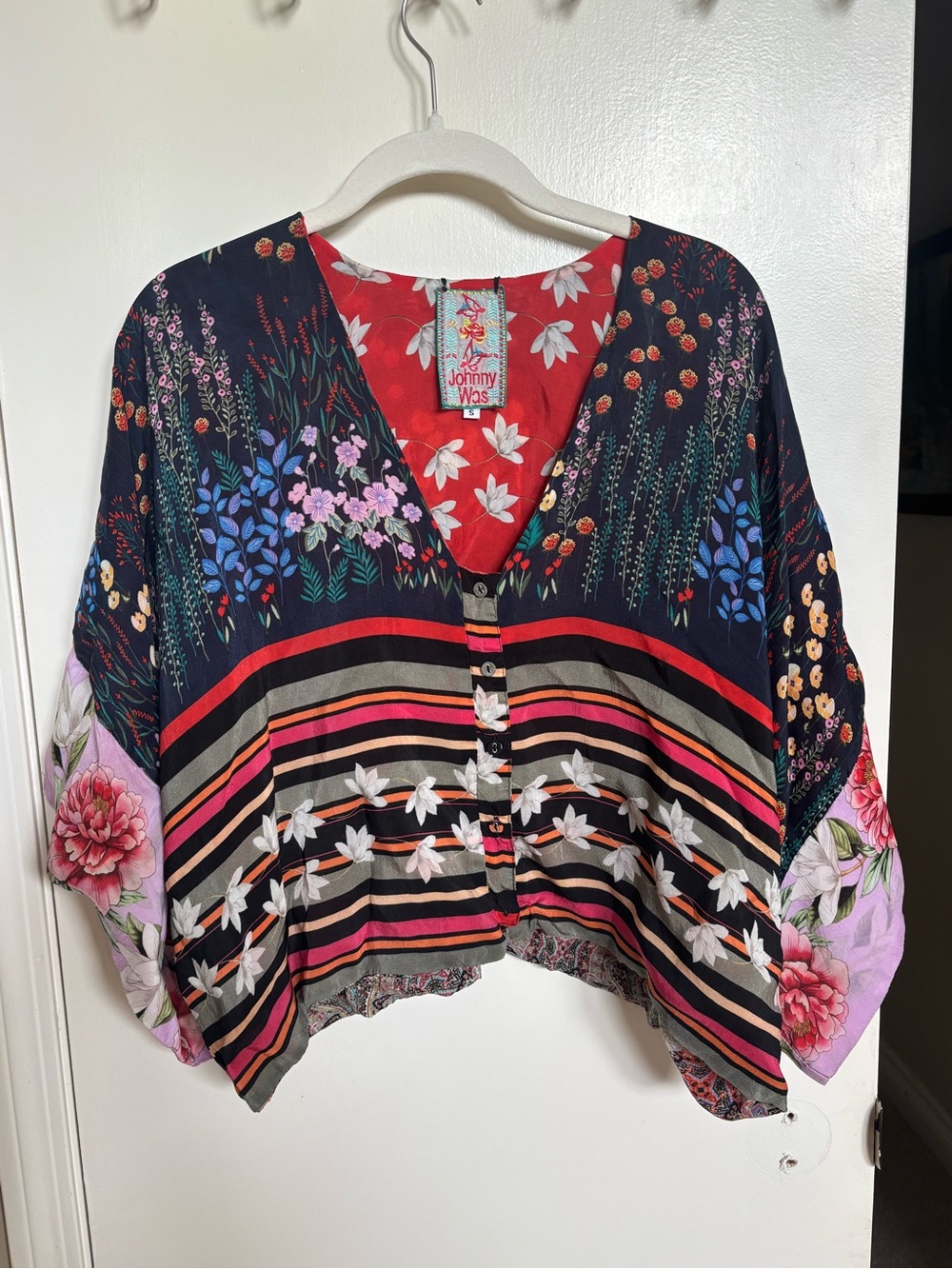 Johnny Was Multicolor Floral Stripe V-Neck Button-Front Blouse
